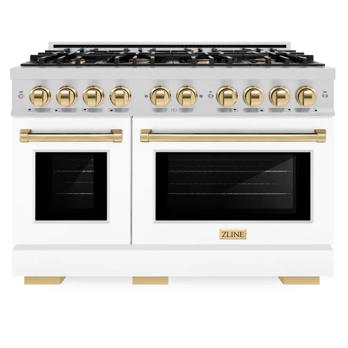 ZLINE Autograph Edition 48" 6.7 cu. ft. Select Double Oven Dual Fuel Range with 8 Burners in Stainless Steel with White Matte Door and Polished Gold Accents, HDRZ-WM-48-G