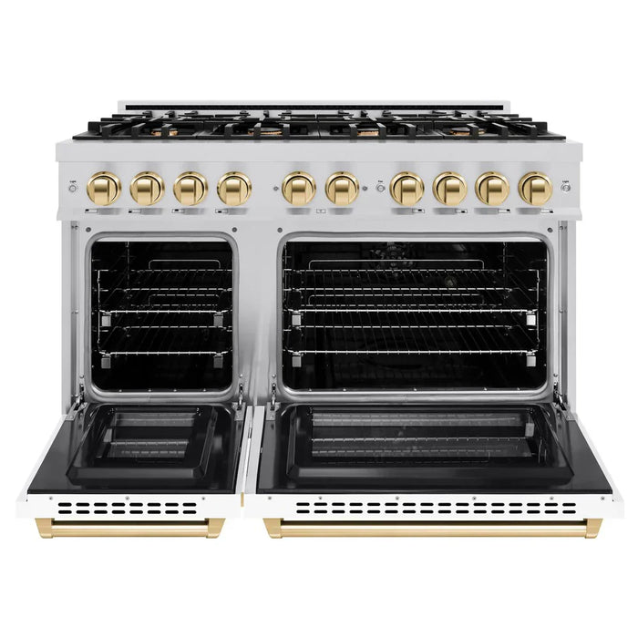 ZLINE Autograph Edition 48" 6.7 cu. ft. Select Double Oven Dual Fuel Range with 8 Burners in Stainless Steel with White Matte Door and Polished Gold Accents, HDRZ-WM-48-G