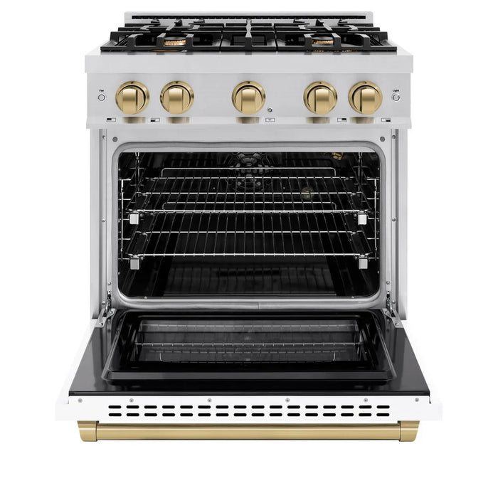 ZLINE Autograph Edition 30" 4.2 cu. ft. Select Gas Range with 4 Burners in Stainless Steel with White Matte Door and Champagne Bronze Accents, HGRZ-WM-30-CB