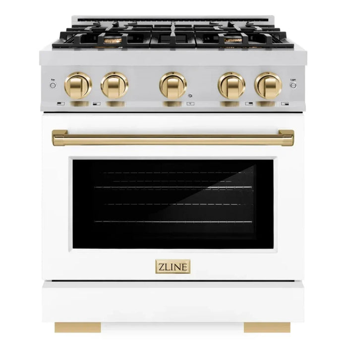 ZLINE Autograph Edition 30" 4.2 cu. ft. Select Gas Range with 4 Burners in Stainless Steel with White Matte Door and Polished Gold Accents, HGRZ-WM-30-G