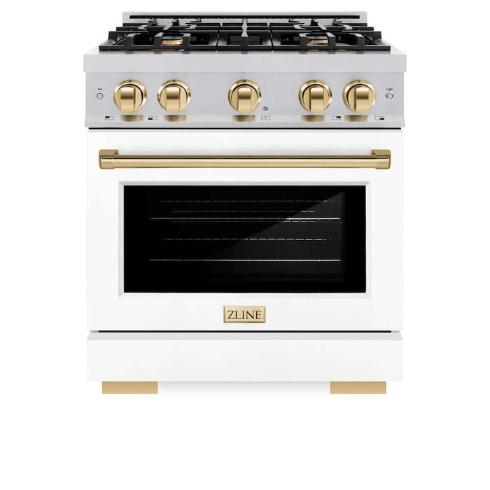 ZLINE Autograph Edition 30 in. 4.2 cu. ft. Select Gas Range with 4 Burner Cooktop and Convection Gas Oven in Stainless Steel with White Matte Door and Polished Gold Accents (HGRZ-WM-30-G)