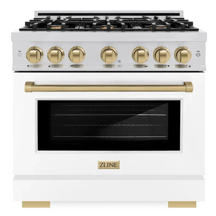 ZLINE Autograph Edition 36" 5.2 cu. ft. Select Gas Range with 6 Burners in Stainless Steel with White Matte Door and Champagne Bronze Accents, HGRZ-WM-36-CB