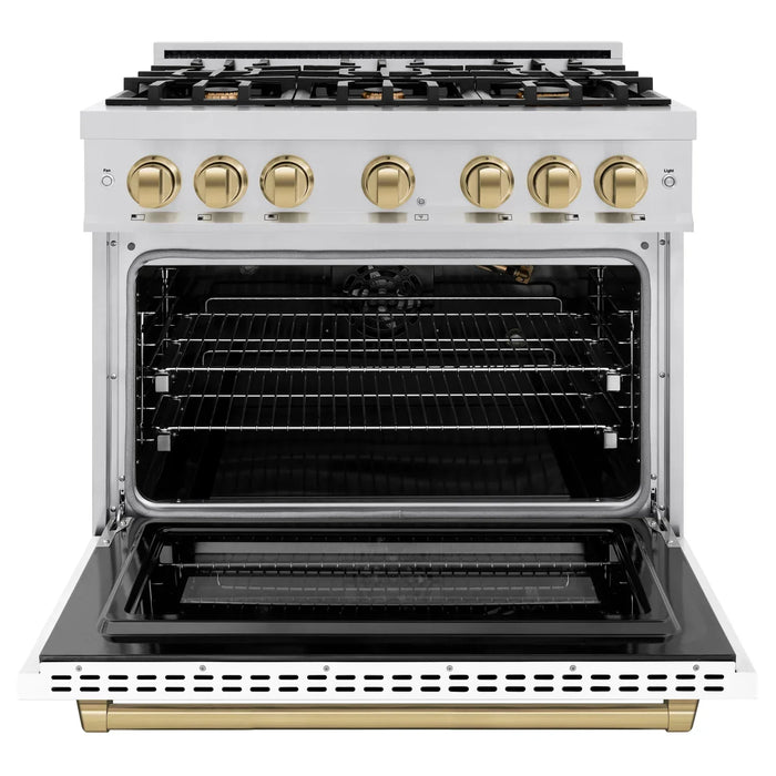 ZLINE Autograph Edition 36" 5.2 cu. ft. Select Gas Range with 6 Burners in Stainless Steel with White Matte Door and Champagne Bronze Accents, HGRZ-WM-36-CB