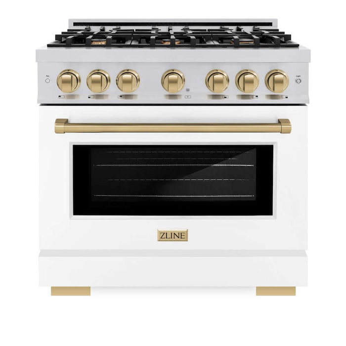 ZLINE Autograph Edition 36 in. 5.2 cu. ft. Select Gas Range with 6 Burner Cooktop and Convection Gas Oven in Stainless Steel with White Matte Door and Champagne Bronze Accents (HGRZ-WM-36-CB)