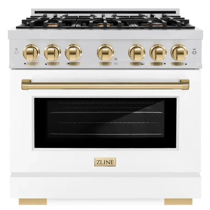 ZLINE Autograph Edition 36" 5.2 cu. ft. Select Gas Range with 6 Burners in Stainless Steel with White Matte Door and Polished Gold Accents, HGRZ-WM-36-G