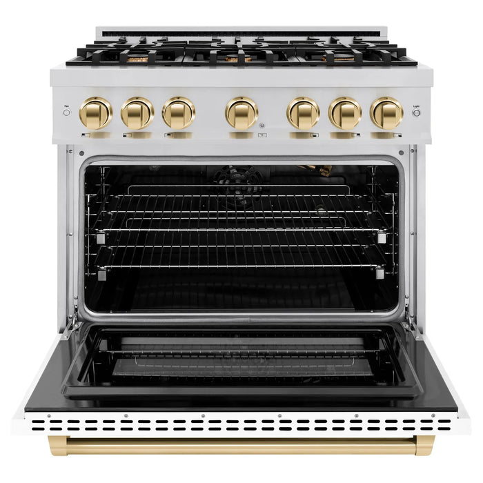 ZLINE Autograph Edition 36" 5.2 cu. ft. Select Gas Range with 6 Burners in Stainless Steel with White Matte Door and Polished Gold Accents, HGRZ-WM-36-G