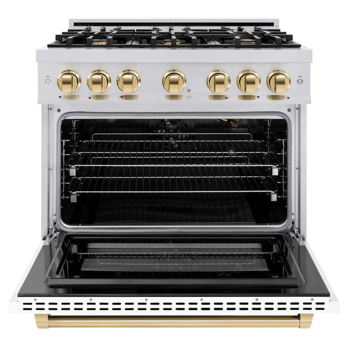 ZLINE Autograph Edition 36 in. 5.2 cu. ft. Select Gas Range with 6 Burner Cooktop and Convection Gas Oven in Stainless Steel with White Matte Door and Polished Gold Accents (HGRZ-WM-36-G)