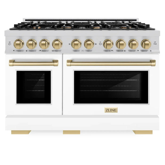 ZLINE Autograph Edition 48" 6.7 cu. ft. Select Double Oven Gas Range with 8 Burners in Stainless Steel with White Matte Doors and Champagne Bronze Accents, HGRZ-WM-48-CB