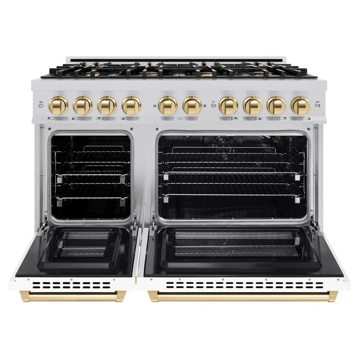 ZLINE Autograph Edition 48" 6.7 cu. ft. Select Double Oven Gas Range with 8 Burners in Stainless Steel with White Matte Doors and Polished Gold Accents, HGRZ-WM-48-G