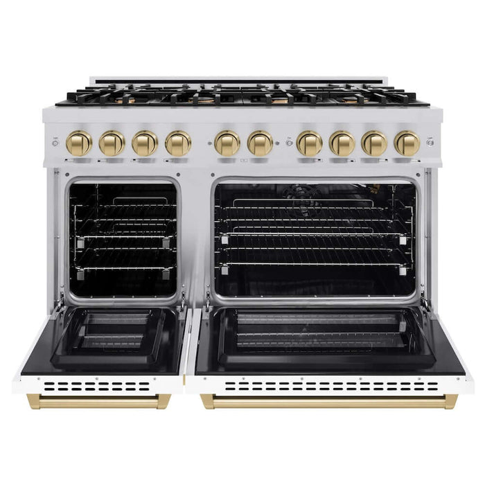 ZLINE Autograph Edition 48 in. 6.7 cu. ft. Select Double Oven Gas Range with 8 Burner Cooktop in Stainless Steel with White Matte Doors and Champagne Bronze Accents (HGRZ-WM-48-CB)