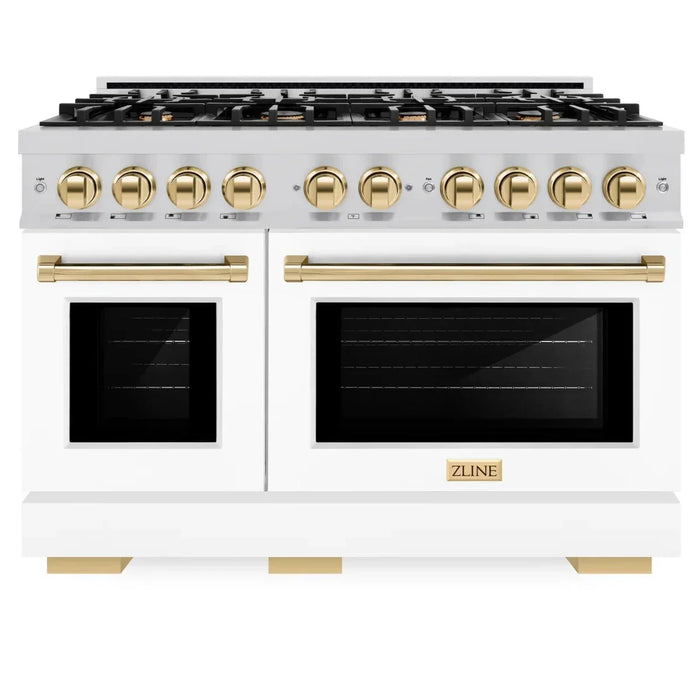 ZLINE Autograph Edition 48" 6.7 cu. ft. Select Double Oven Gas Range with 8 Burners in Stainless Steel with White Matte Doors and Polished Gold Accents, HGRZ-WM-48-G