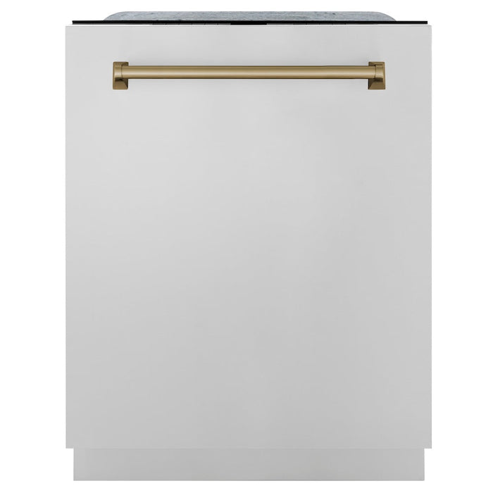 ZLINE Autograph Edition 24 in. Monument Series 3rd Rack Top Touch Control Tall Tub Dishwasher in Stainless Steel with Champagne Bronze Handle, 45dBa (DWMTZ-304-24-CB)