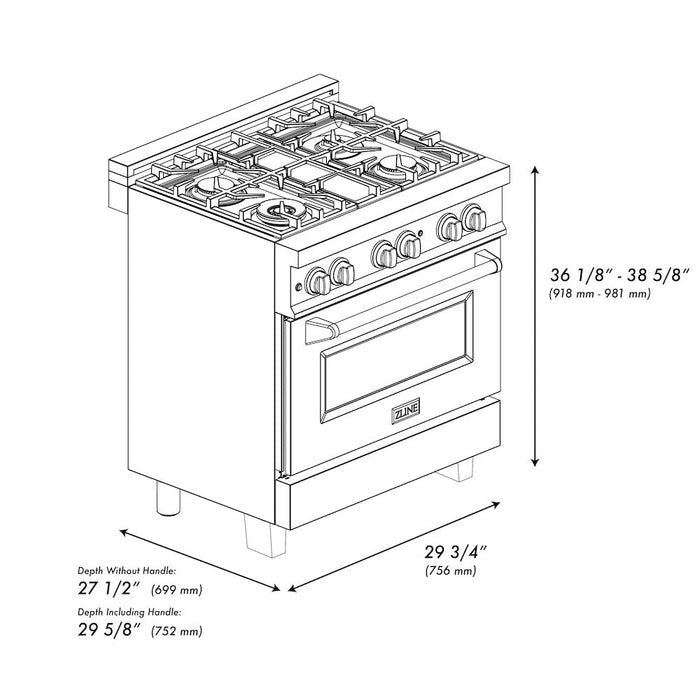 ZLINE Autograph Edition 30 in. Kitchen Package with Stainless Steel Dual Fuel Range, Range Hood and Dishwasher with Champagne Bronze Accents (3AKP-RARHDWM30-CB)