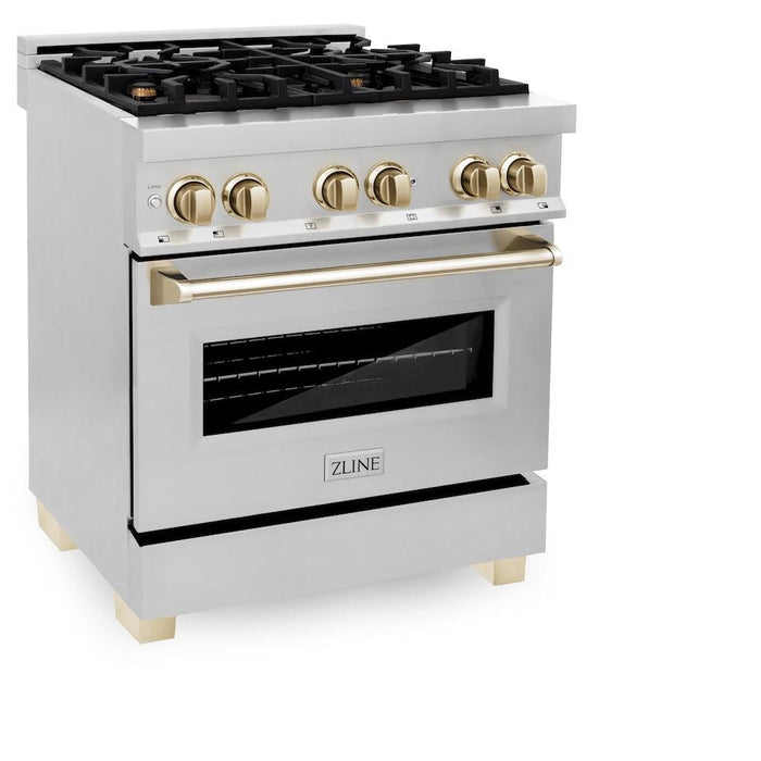 ZLINE Autograph Edition 30 in. 4.0 cu. ft. Legacy Dual Fuel Range with 4 Burner Gas Cooktop and Electric Convection Oven in Stainless Steel and Polished Gold Accents (RAZ-30-G)