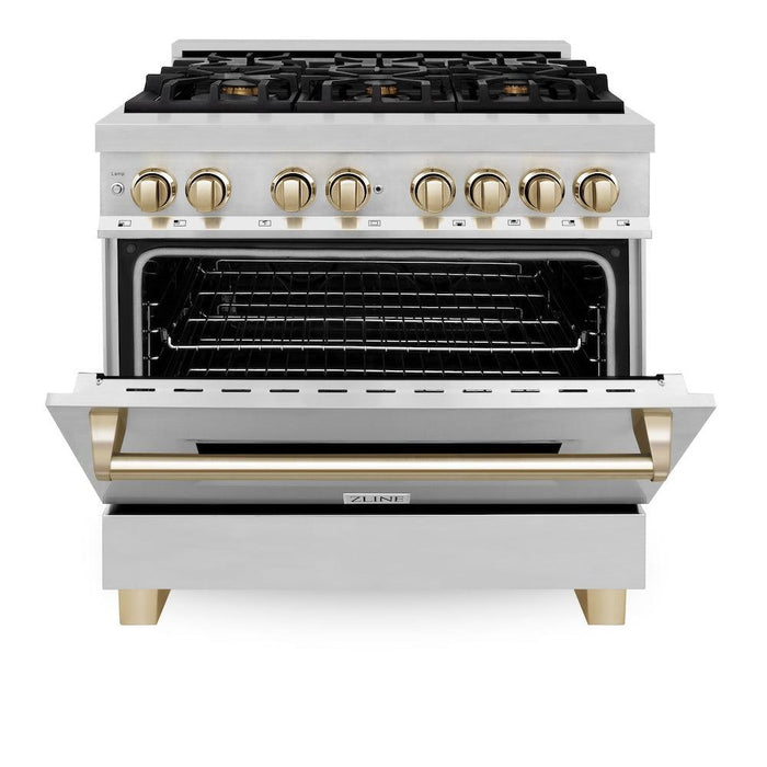 ZLINE Autograph Edition 36 in. 4.6 cu. ft. Legacy Dual Fuel Range with 6 Burner Gas Cooktop and Electric Convection Oven in Stainless Steel and Polished Gold Accents (RAZ-36-G)