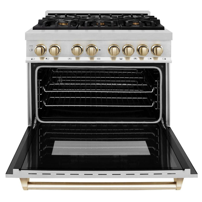 ZLINE Autograph Edition 36 in. 4.6 cu. ft. Legacy Dual Fuel Range with 6 Burner Gas Cooktop and Electric Convection Oven in Stainless Steel and Polished Gold Accents (RAZ-36-G)