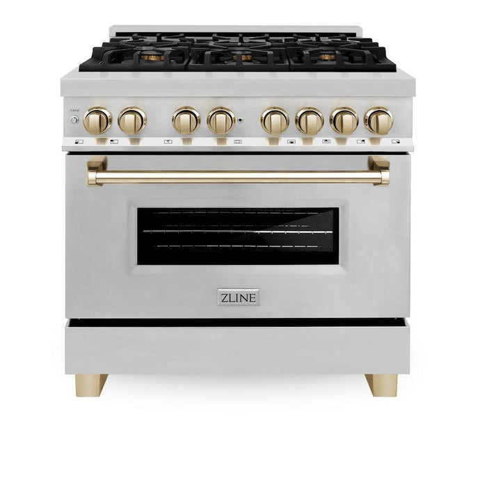 ZLINE Autograph Edition 36 in. 4.6 cu. ft. Legacy Dual Fuel Range with 6 Burner Gas Cooktop and Electric Convection Oven in Stainless Steel and Polished Gold Accents (RAZ-36-G)