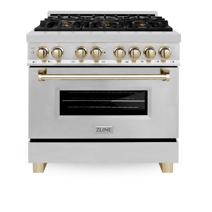 ZLINE Autograph Edition 36 in. Kitchen Package with Stainless Steel Dual Fuel Range, Range Hood and Dishwasher with Polished Gold Accents (3AKP-RARHDWM36-G)