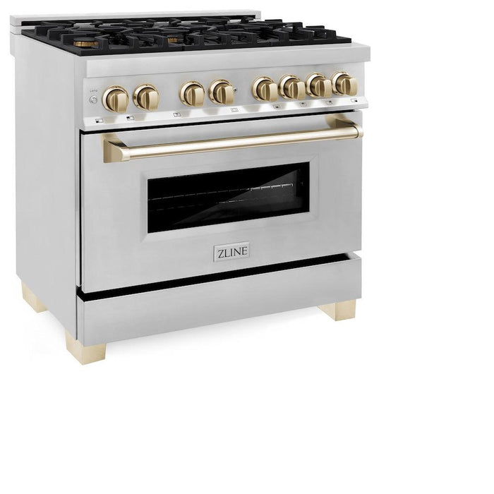 ZLINE Autograph Edition 36 in. 4.6 cu. ft. Legacy Dual Fuel Range with 6 Burner Gas Cooktop and Electric Convection Oven in Stainless Steel and Polished Gold Accents (RAZ-36-G)