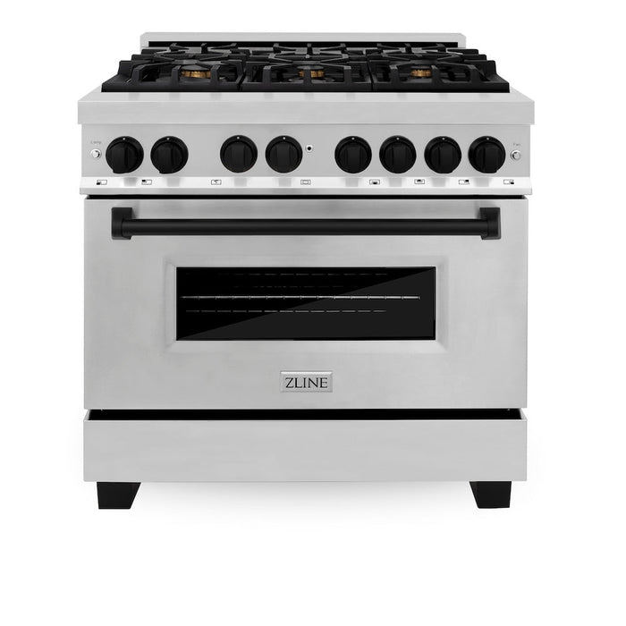 ZLINE Autograph Edition 36 in. Kitchen Package with Stainless Steel Dual Fuel Range, Range Hood and Dishwasher with Matte Black Accents (3AKP-RARHDWM36-MB)