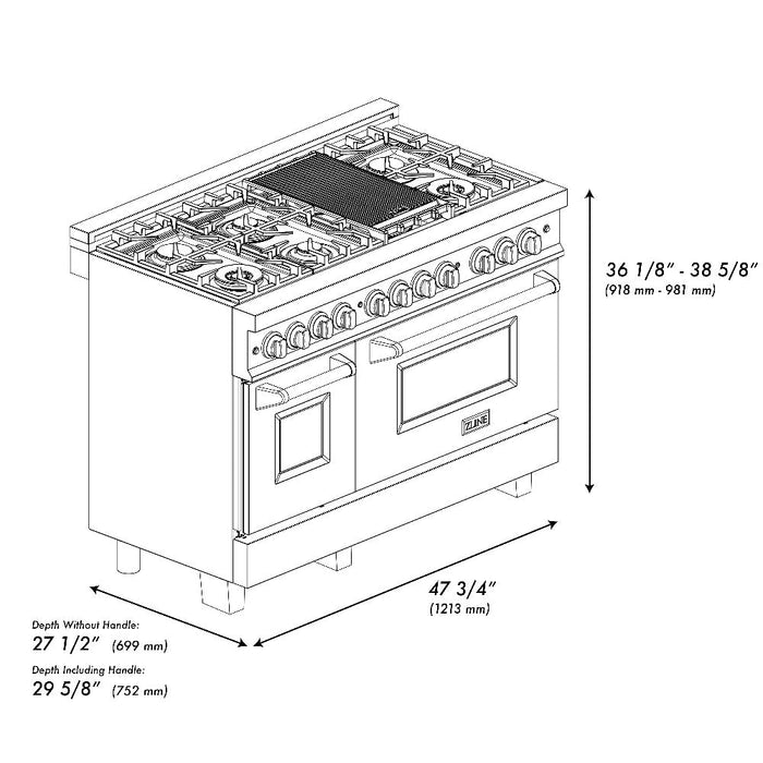 ZLINE Autograph Edition 48 In. Kitchen Package with Stainless Steel Dual Fuel Range, Range Hood and Dishwasher with Champagne Bronze Accents (3AKP-RARHDWM48-CB)