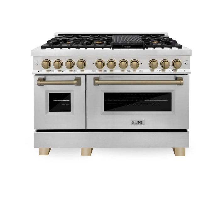 ZLINE Autograph Edition 48 in. Kitchen Package with Stainless Steel Dual Fuel Range and Range Hood with Champagne Bronze Accents (2AKP-RARH48-CB)