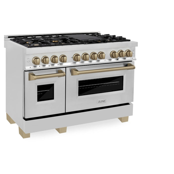 ZLINE Autograph Edition 48 in. Kitchen Package with Stainless Steel Dual Fuel Range and Range Hood with Champagne Bronze Accents (2AKP-RARH48-CB)