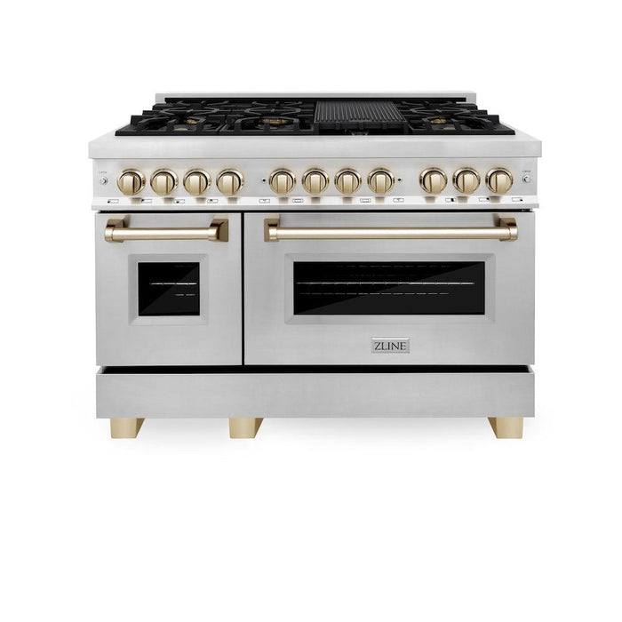 ZLINE Autograph Edition 48 in. 6.0 cu. ft. Legacy Dual Fuel Range with 7 Burner Gas Cooktop and 2 Electric Ovens in Stainless Steel and Polished Gold Accents (RAZ-48-G)