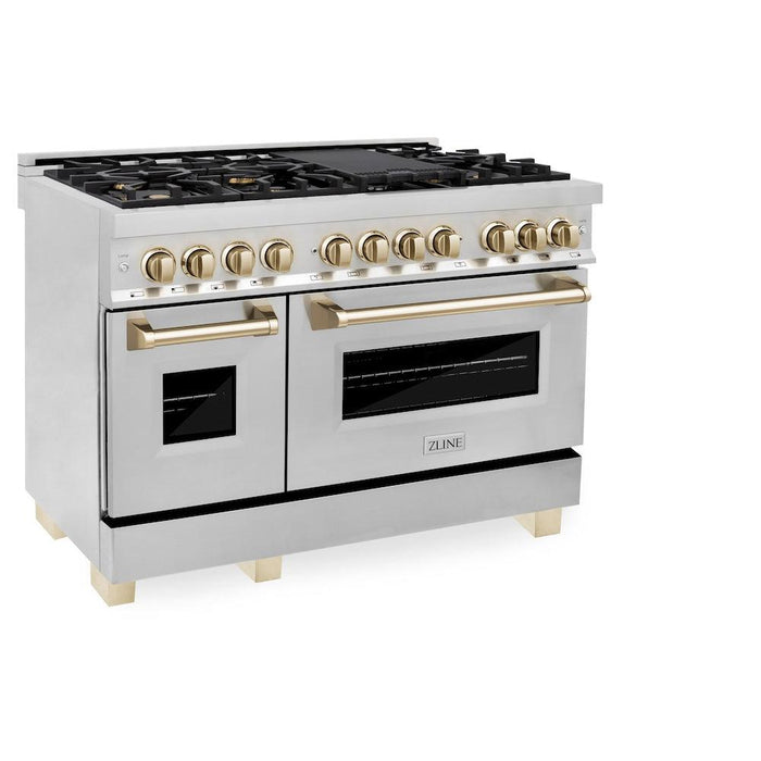 ZLINE Autograph Edition 48 in. 6.0 cu. ft. Legacy Dual Fuel Range with 7 Burner Gas Cooktop and 2 Electric Ovens in Stainless Steel and Polished Gold Accents (RAZ-48-G)