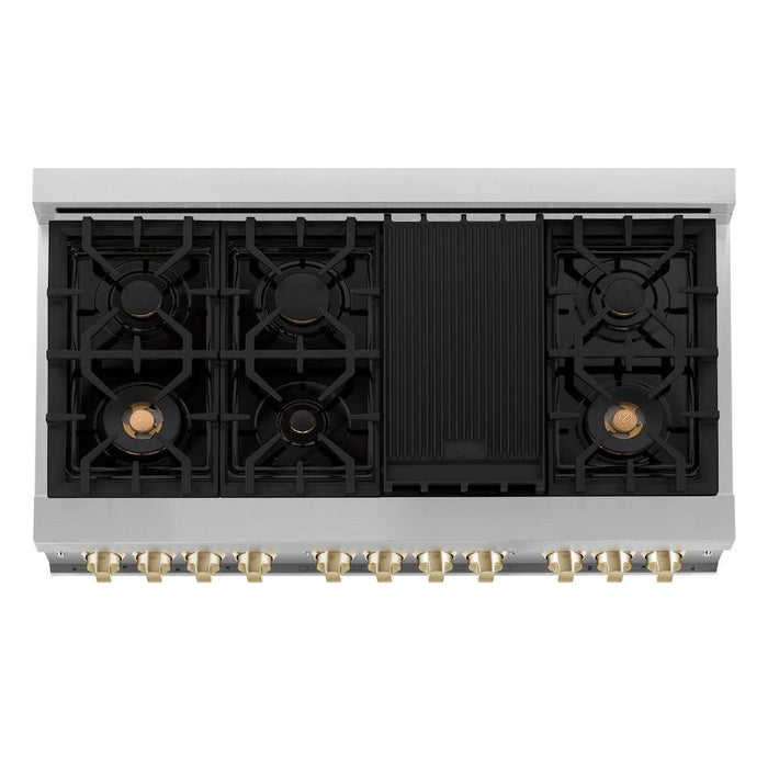 ZLINE Autograph Edition 48 in. 6.0 cu. ft. Legacy Dual Fuel Range with 7 Burner Gas Cooktop and 2 Electric Ovens in Stainless Steel and Polished Gold Accents (RAZ-48-G)