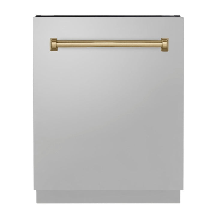 ZLINE Autograph Edition 24 in. Tallac Series 3rd Rack Top Control Built-In Tall Tub Dishwasher in Stainless Steel with Champagne Bronze Handle, 51dBa (DWVZ-304-24-CB)