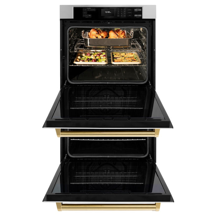 ZLINE Autograph Edition 30 in. Professional True Convection Double Wall Oven with Air Fry and Self Clean in Stainless Steel with Polished Gold Handles (WADZ-30-G)