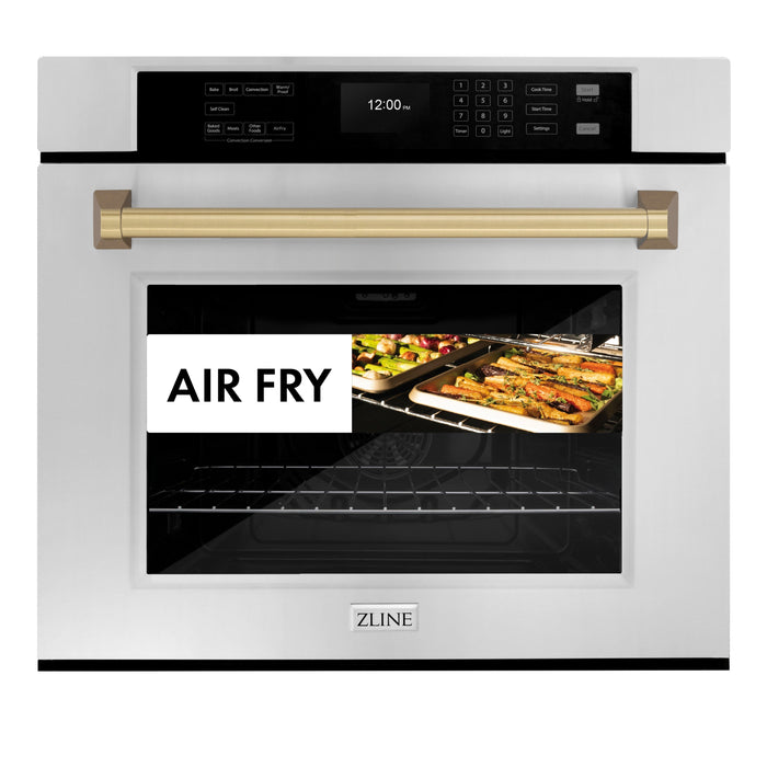 ZLINE 30" Autograph Single Wall Oven with Air Fry and Self-Clean in Stainless Steel and Champagne Bronze Handle, WASZ-30-CB