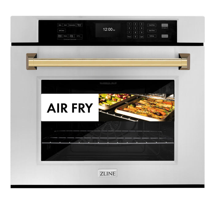 ZLINE 30" Autograph Single Wall Oven with Air Fry and Self-Clean in Stainless Steel and Gold Handle, WASZ-30-G