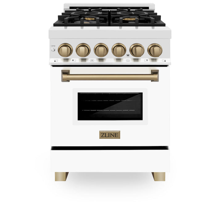 ZLINE Autograph Edition 24 in. 2.8 cu. ft. Legacy Dual Fuel Range with 4 Burner Gas Cooktop and Electric Convection Oven in Stainless Steel with White Matte Door and Champagne Bronze Accents (RAZ-WM-24-CB)