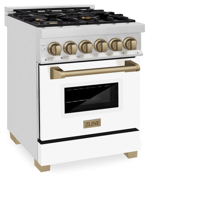 ZLINE Autograph Edition 24 in. 2.8 cu. ft. Legacy Dual Fuel Range with 4 Burner Gas Cooktop and Electric Convection Oven in Stainless Steel with White Matte Door and Champagne Bronze Accents (RAZ-WM-24-CB)