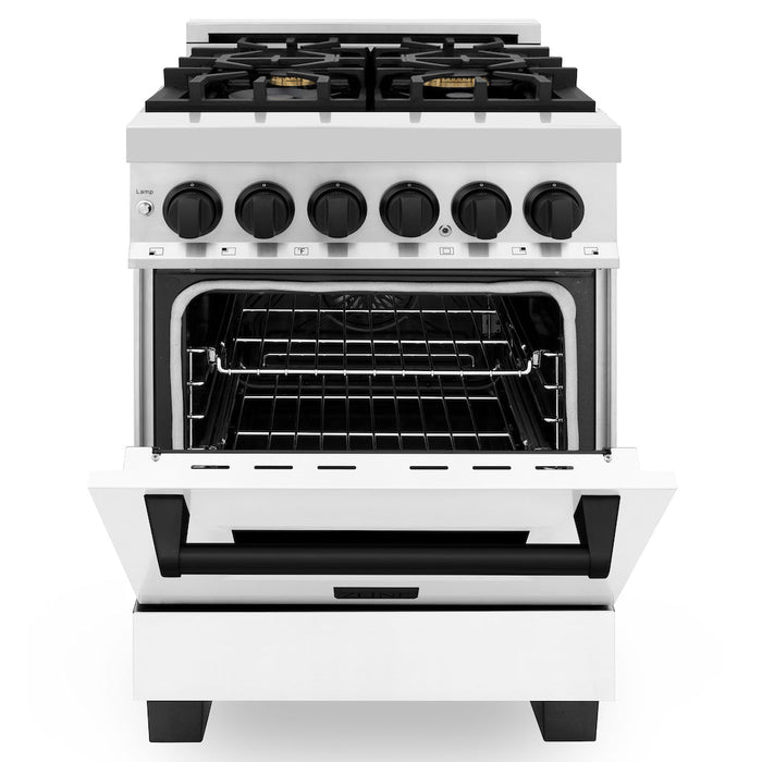 ZLINE Autograph Edition 24 in. 2.8 cu. ft. Legacy Dual Fuel Range with 4 Burner Gas Cooktop and Electric Convection Oven in Stainless Steel with White Matte Door and Matte Black Accents (RAZ-WM-24-MB)