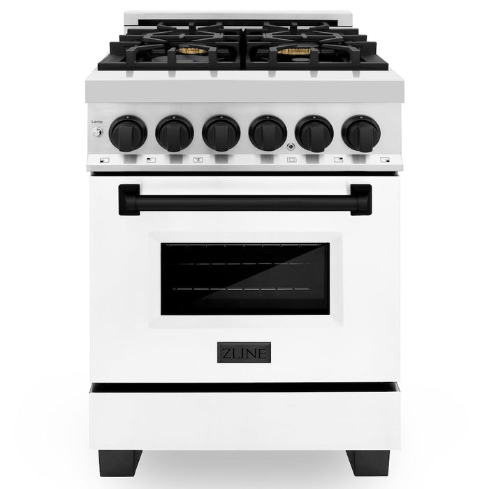 ZLINE Autograph Edition 24 in. 2.8 cu. ft. Legacy Dual Fuel Range with 4 Burner Gas Cooktop and Electric Convection Oven in Stainless Steel with White Matte Door and Matte Black Accents (RAZ-WM-24-MB)