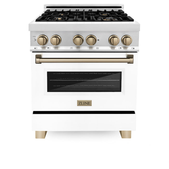 ZLINE Autograph Edition 30 in. 4.0 cu. ft. Legacy Dual Fuel Range with 4 Burner Gas Cooktop and Electric Convection Oven in Stainless Steel with White Matte Door and Champagne Bronze Accents (RAZ-WM-30-CB)