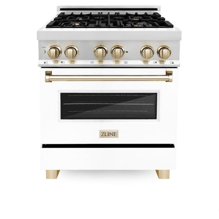 ZLINE Autograph Edition 30 in. 4.0 cu. ft. Legacy Dual Fuel Range with 4 Burner Gas Cooktop and Electric Convection Oven in Stainless Steel with White Matte Door and Polished Gold Accents (RAZ-WM-30-G)