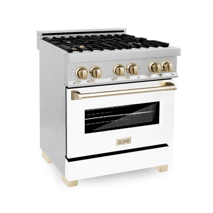 ZLINE Autograph Edition 30 in. 4.0 cu. ft. Legacy Dual Fuel Range with 4 Burner Gas Cooktop and Electric Convection Oven in Stainless Steel with White Matte Door and Polished Gold Accents (RAZ-WM-30-G)