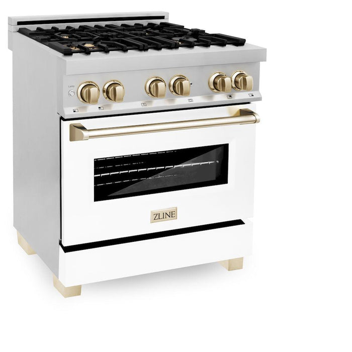 ZLINE Autograph Edition 30 in. 4.0 cu. ft. Legacy Dual Fuel Range with 4 Burner Gas Cooktop and Electric Convection Oven in Stainless Steel with White Matte Door and Polished Gold Accents (RAZ-WM-30-G)