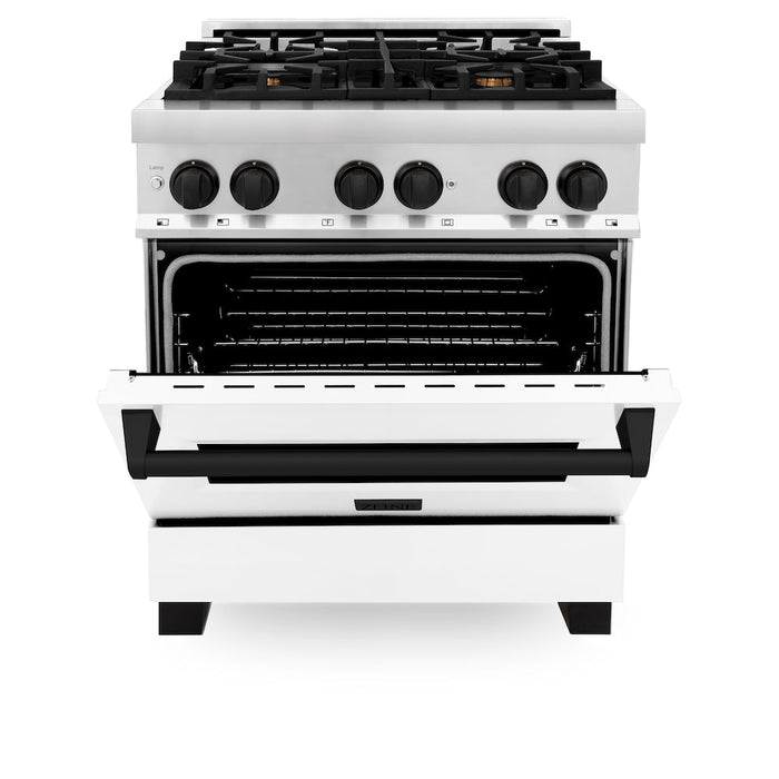 ZLINE Autograph Edition 30 in. 4.0 cu. ft. Legacy Dual Fuel Range with 4 Burner Gas Cooktop and Electric Convection Oven in Stainless Steel with White Matte Door and Matte Black Accents (RAZ-WM-30-MB)