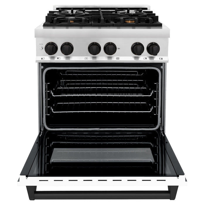 ZLINE Autograph Edition 30 in. 4.0 cu. ft. Legacy Dual Fuel Range with 4 Burner Gas Cooktop and Electric Convection Oven in Stainless Steel with White Matte Door and Matte Black Accents (RAZ-WM-30-MB)