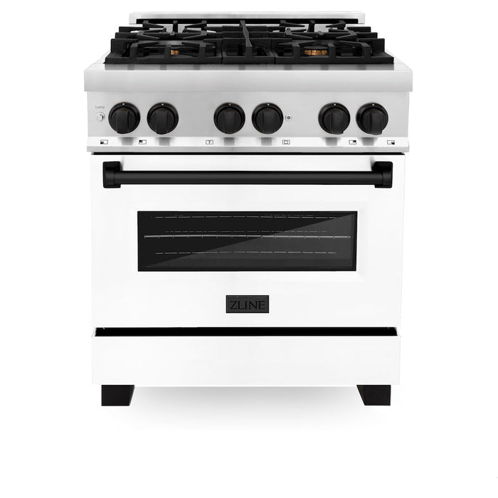 ZLINE Autograph Edition 30 in. 4.0 cu. ft. Legacy Dual Fuel Range with 4 Burner Gas Cooktop and Electric Convection Oven in Stainless Steel with White Matte Door and Matte Black Accents (RAZ-WM-30-MB)