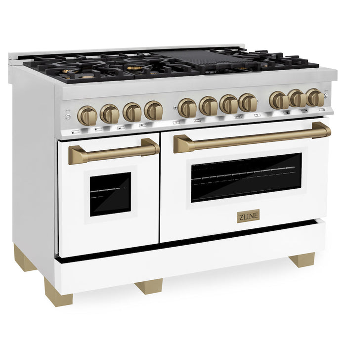 ZLINE Autograph Edition 48 in. 6.0 cu. ft. Legacy Dual Fuel Range with 7 Burner Gas Cooktop and 2 Electric Ovens in Stainless Steel with White Matte Doors and Champagne Bronze Accents (RAZ-WM-48-CB)