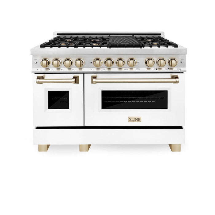 ZLINE Autograph Edition 48 in. 6.0 cu. ft. Legacy Dual Fuel Range with 7 Burner Gas Cooktop and 2 Electric Ovens in Stainless Steel with White Matte Doors and Polished Gold Accents (RAZ-WM-48-G)