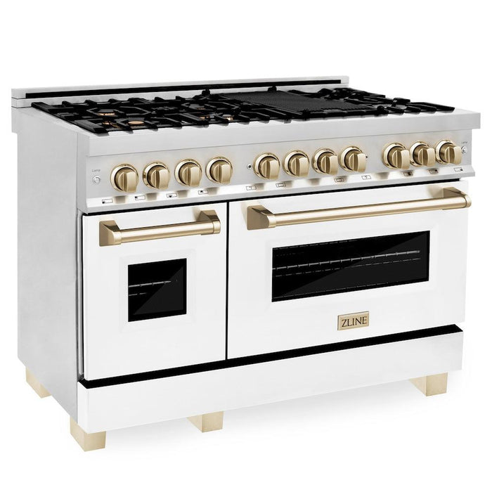 ZLINE Autograph Edition 48 in. 6.0 cu. ft. Legacy Dual Fuel Range with 7 Burner Gas Cooktop and 2 Electric Ovens in Stainless Steel with White Matte Doors and Polished Gold Accents (RAZ-WM-48-G)