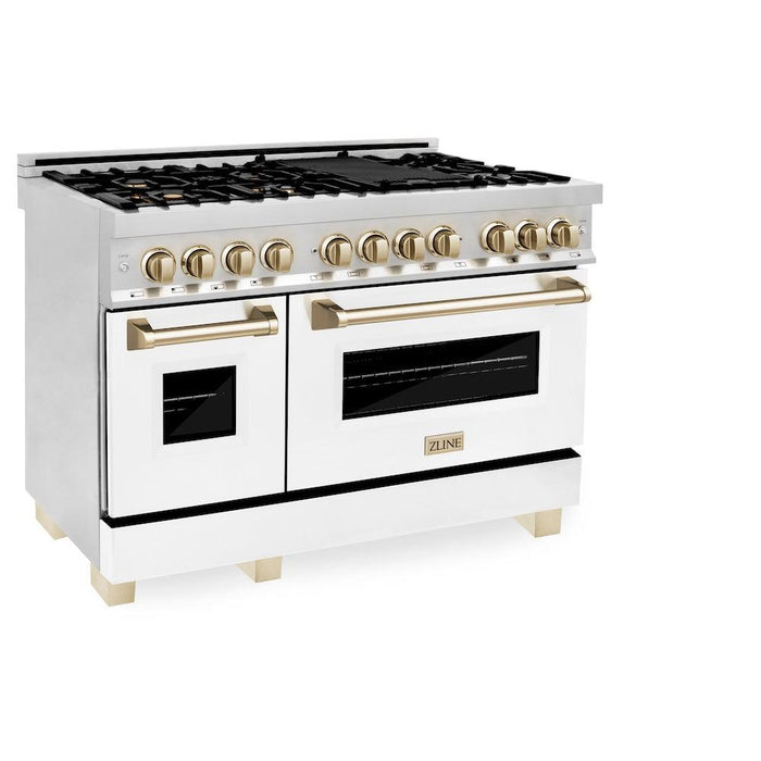 ZLINE Autograph Edition 48 in. 6.0 cu. ft. Legacy Dual Fuel Range with 7 Burner Gas Cooktop and 2 Electric Ovens in Stainless Steel with White Matte Doors and Polished Gold Accents (RAZ-WM-48-G)