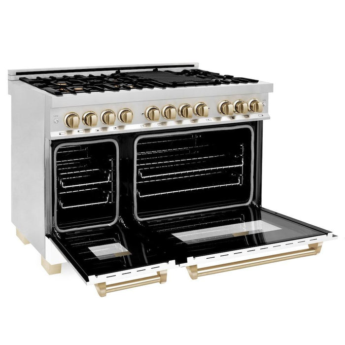 ZLINE Autograph Edition 48 in. 6.0 cu. ft. Legacy Dual Fuel Range with 7 Burner Gas Cooktop and 2 Electric Ovens in Stainless Steel with White Matte Doors and Polished Gold Accents (RAZ-WM-48-G)